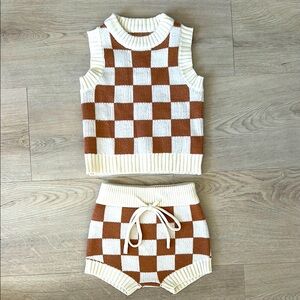 Infant Checkered Knit Set - Cream and Brown